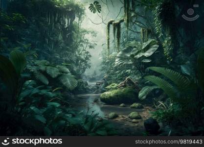 Green Natural Jungle Background. Illustration Generative AI