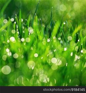 Green nature. Beautiful close up photo of nature. Green grass with dew drops. Colorful spring background with morning sun and natural green plants landscape, ecology, fresh wallpaper concept with copy space.