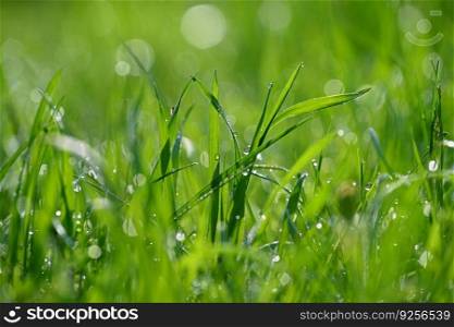 Green nature. Beautiful close up photo of nature. Green grass with dew drops. Colorful spring background with morning sun and natural green plants.