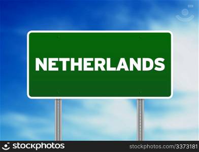 Green Netherlands highway sign on Cloud Background.
