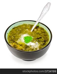Green nettle soup in a bowl with a spoon isolated on white background