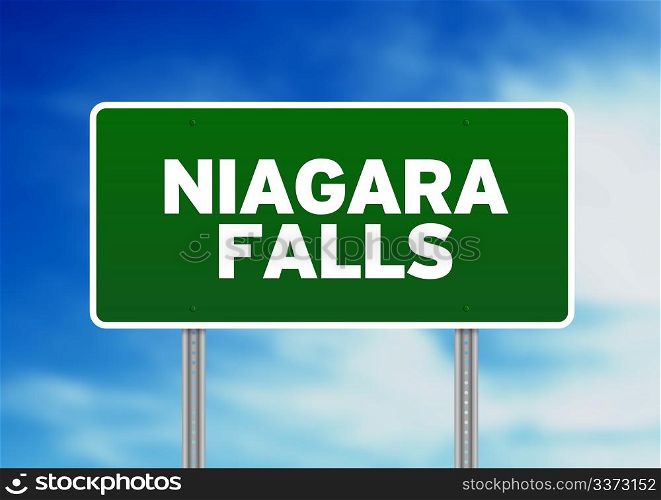 Green Niagara Falls highway sign on Cloud Background.
