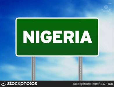 Green Nigeria highway sign on Cloud Background.