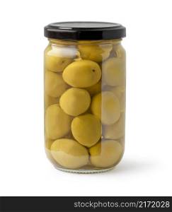 green olive jar isolated on white with clipping path