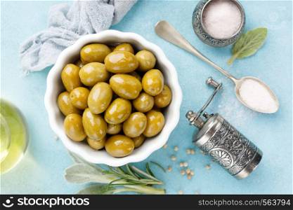 Green olives in a bowl