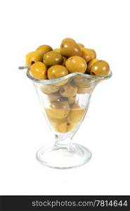 Green olives in a glass vase on the white background. (isolated)