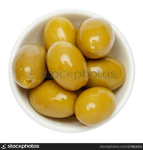 green olives in white bowl isolated on white background. green olives in white bowl on white background