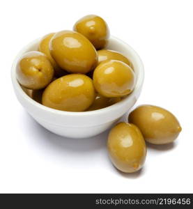 green olives in white bowl isolated on white background. green olives in white bowl on white background