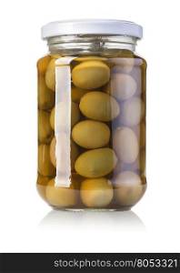 Green olives preserved in bank, bottle with clipping path