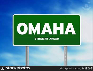 Green Omaha, Nebraska, USA highway sign on Cloud Background.