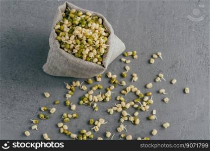 Green orgnaic mung beans with sprouts spread near small sack, isolated over grey background. Selective focus. Healthy moong dal