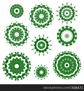 Green Ornamental Circles. Oriental Geometric Ornaments on White Background. Green Ornamental Circles. Oriental Geometric Ornament