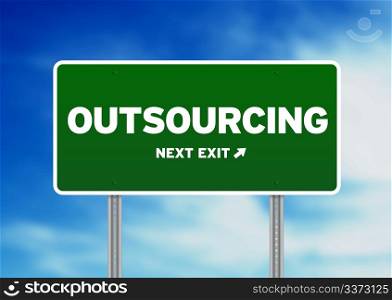 Green outsourcing highway sign on Cloud Background.
