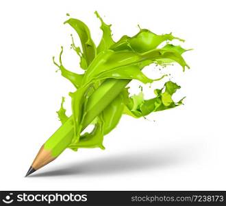 Green paint colour splash around pencil, isolated background. Green splash