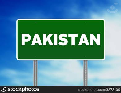 Green Pakistan highway sign on Cloud Background.