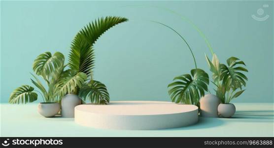 Green palm plant on a pedestal and blue, in the style of circular shapes, minimalist stage designs. There is space to place products.