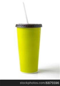 green paper cup and drinking straw with clipping path