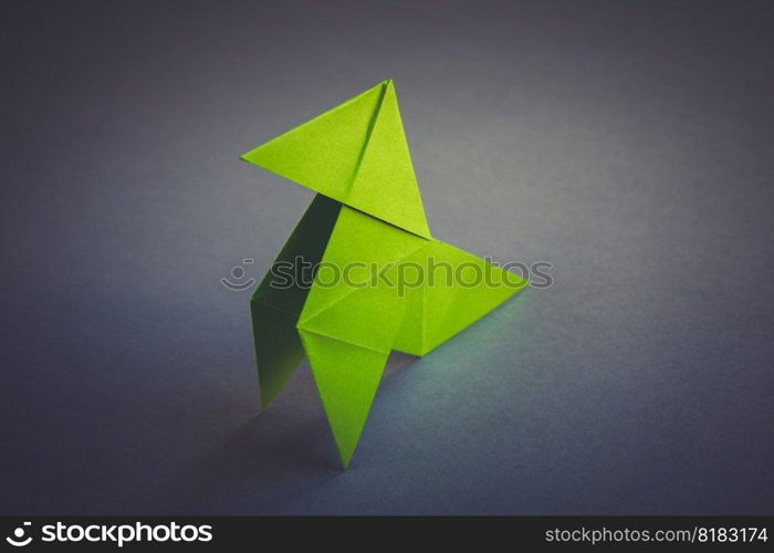 Green paper hen origami isolated on a blank grey background. Cocotte en papier. Green paper hen origami isolated on a grey background