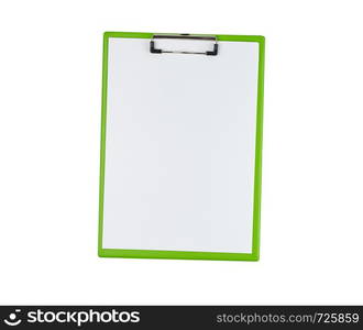 green paper holder with white blank sheets isolated on white background