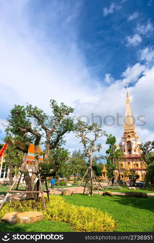 Green park of a buddhist temple, Thailand