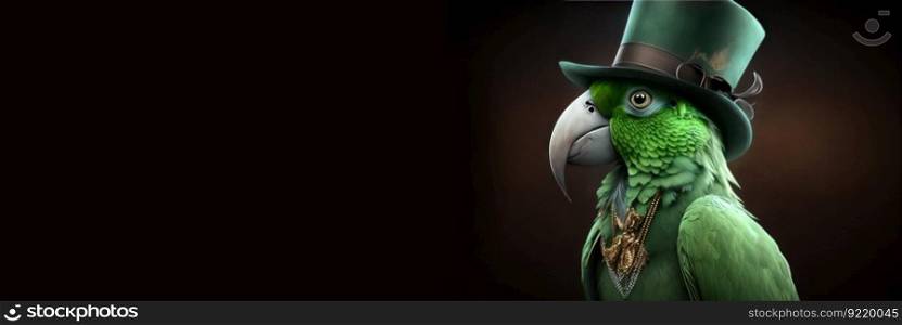 Green parrot gentleman and boss in a hat, suit and tie. Banner header. AI generated. An important pet on a dark background.. Green parrot gentleman and boss in a hat, suit and tie. Banner header. AI generated.