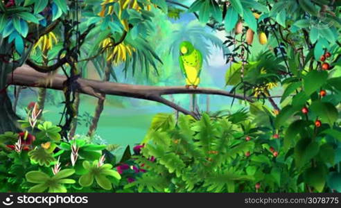 Green parrot sits on a branch in the jungle on a summer day. Handmade animation, motion graphic.