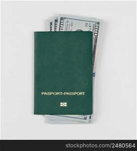 green passport with american dollars on white background, isolated. green passport on a white background