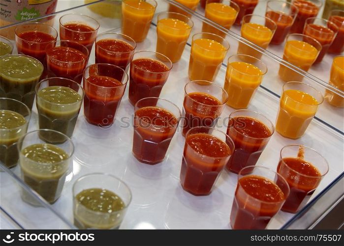 Green Pea, Orange Carrot and Red Tomato Concentrate Sauces in Little Plastic Glasses