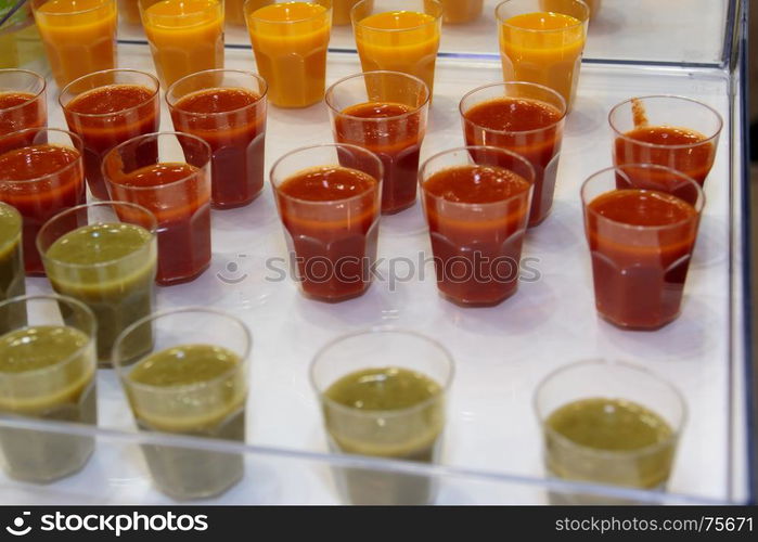 Green Pea, Orange Carrot and Red Tomato Concentrate Sauces in Little Plastic Glasses