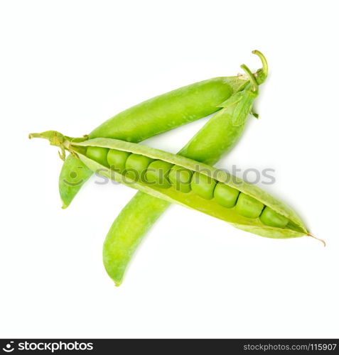 Green pea pods isolated on white background.