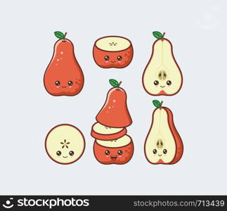 Green pear cute kawaii mascot. Set of funny kawaii drawn fruit in the cut