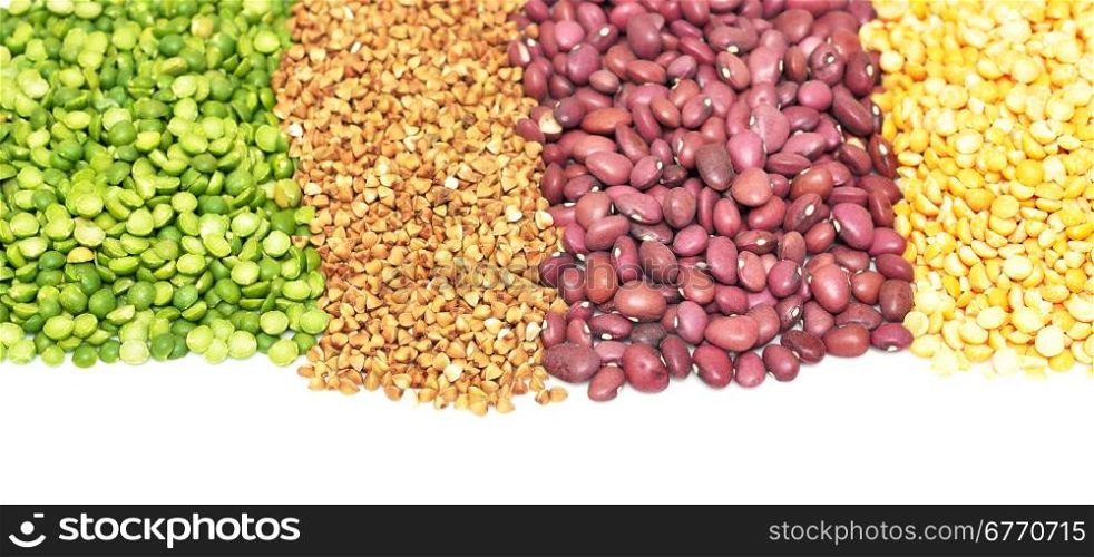 green peas, buckwheat, kidney, red beans, yellow peas isolated on white background