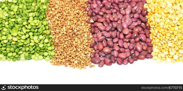 green peas, buckwheat, kidney, red beans, yellow peas isolated on white background