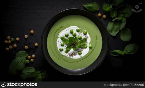 Green peas cream soup. Illustration Generative AI 