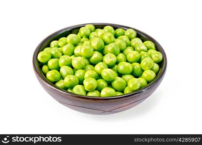 Green peas in a brown bowl isolated on white background