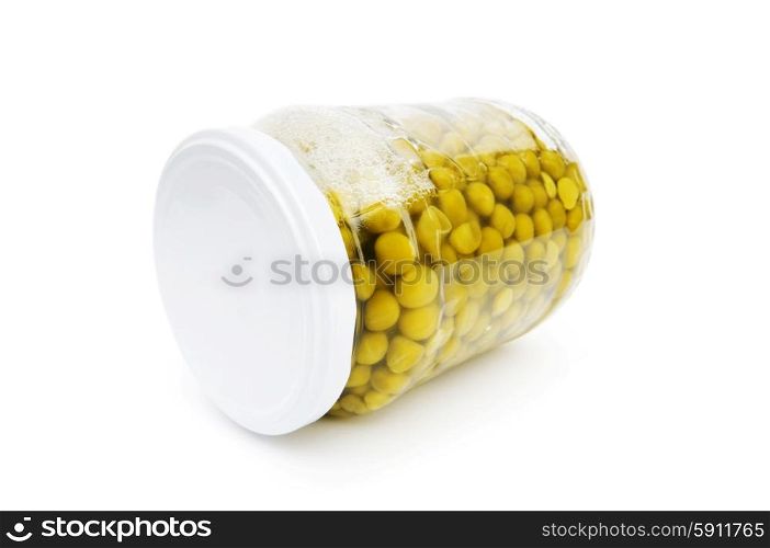 Green peas in glass jar isolated on white