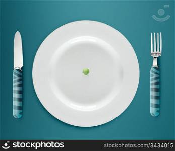 green peas on white plate with knife and fork on blue background.