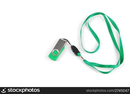 green pen drive with string isolated on white background