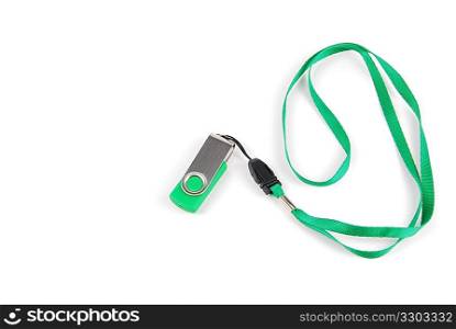 green pen drive with string isolated on white background