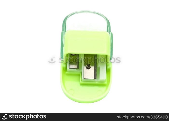 Green pencil sharpener isolated on white background