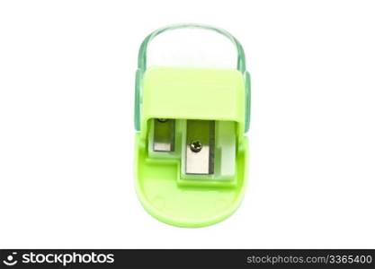Green pencil sharpener isolated on white background