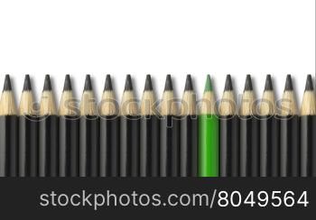 Green pencil standing out from crowd of black pencils