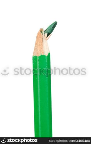 Green pencil vertically with broken tip isolated on white background