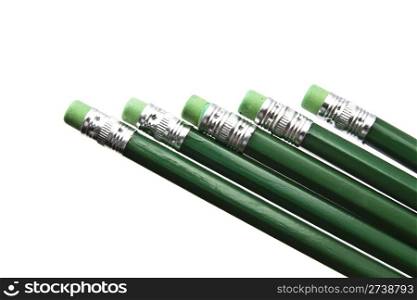 Green pencils closeup isolated on white background
