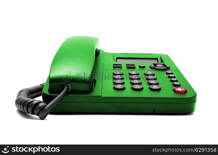 Green phone isolated on white background closeup