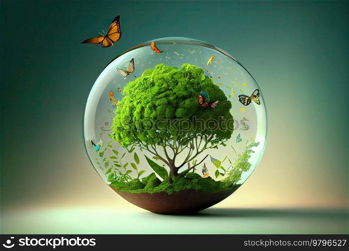 green planet concept - green tree in shell with butterflies and greenery around. green planet concept