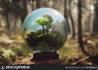 green planet concept - green tree in shell with forest around. green planet concept
