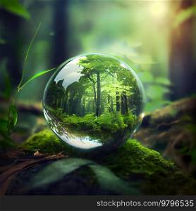 green planet concept - green tree in shell with forest greenery around. green planet concept