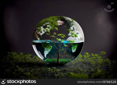 green planet concept - green tree in shell with globe scheme and growing plants. green planet concept