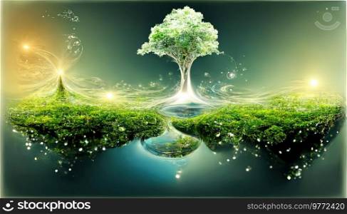 green planet concept - green tree with power lines, lights and sunshine around, 3D illustration. green planet concept